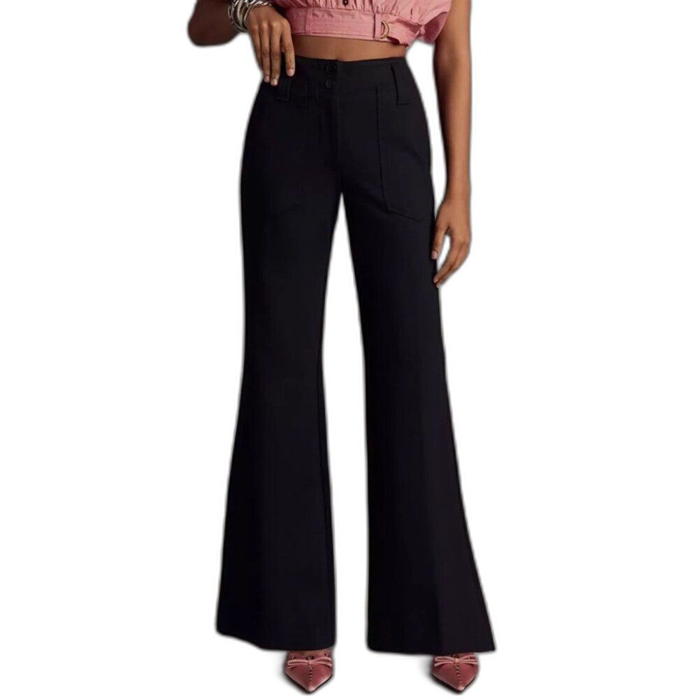Anthropologie Maeve Naomi Ponte Flare Pants Black High Rise Pockets Size 10